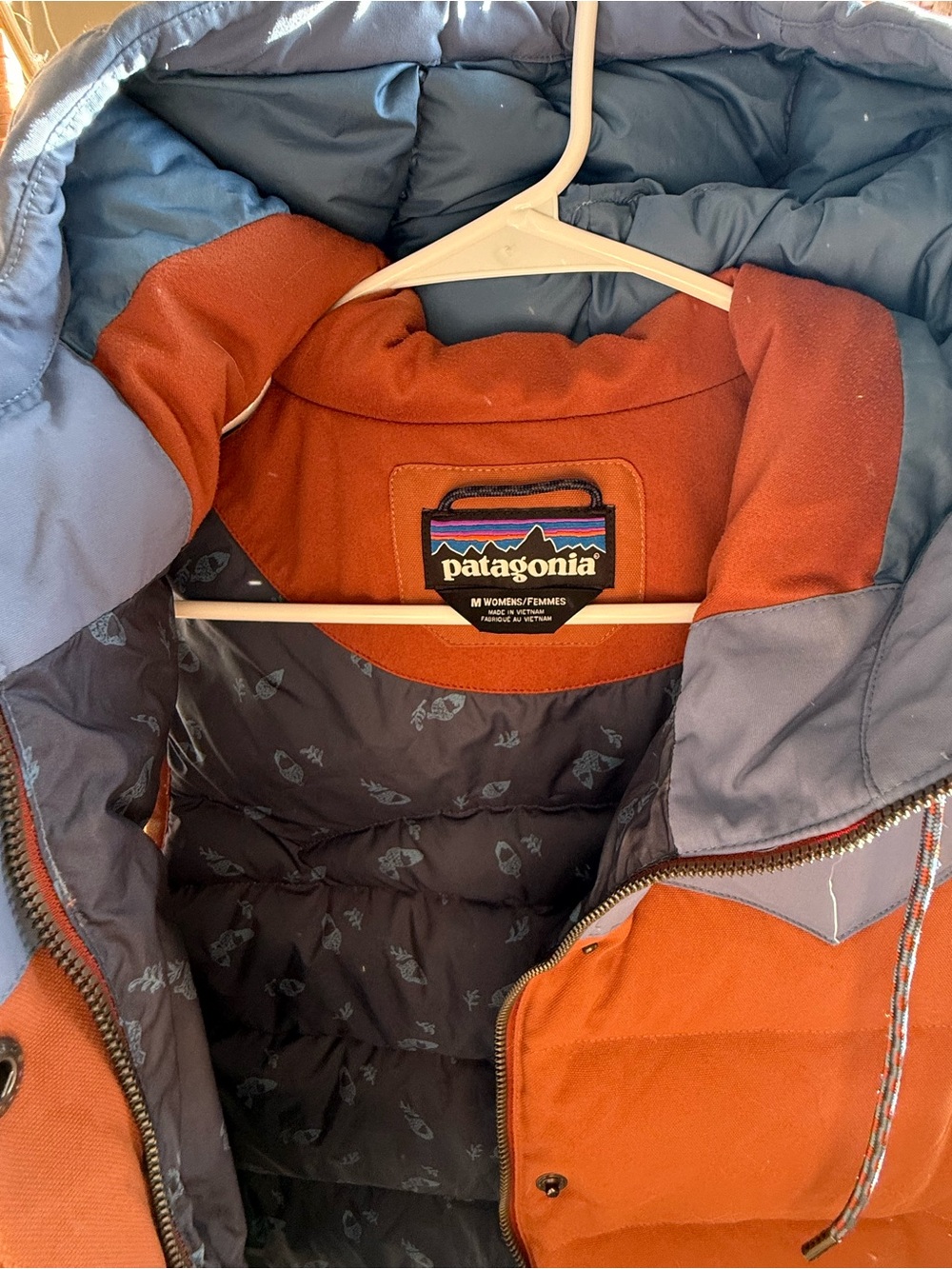 Patagonia Ladies Large Bivy Hooded Down Vest Jacket  - Rust Orange & Slate Blue